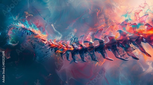 Artistic rendition of a spine with scoliosis, twisted and misaligned vertebrae in sharp, uncomfortable colors
