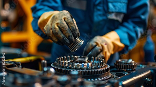 Auto technician repairing a gearbox, intricate work with gears and mechanical components