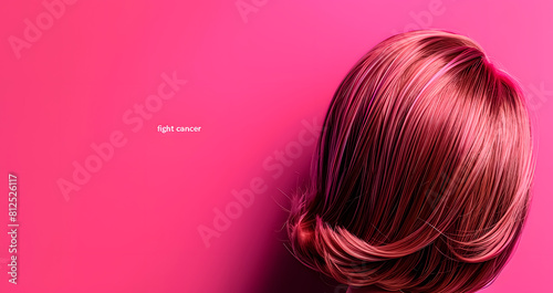 Copper-colored wig on a pink background with a message of fighting cancer. Space for text