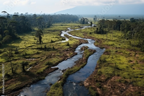 Generative AI. Liberia landscape. Lush Green Tropical Landscape with Meandering River and Dense Forest.