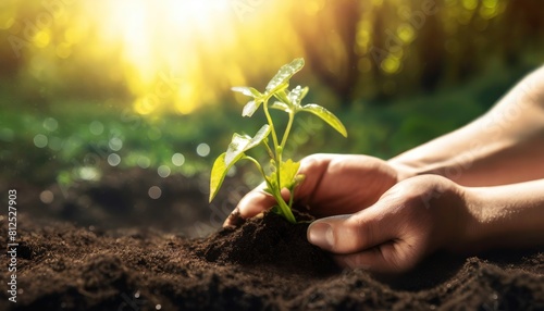Hand planting a young sapling in soil, illuminated by sunlight, emphasizing growth and environmental care.