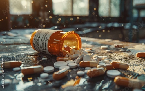 A closeup of an open pill bottle with white pills spilling out, set on a table.