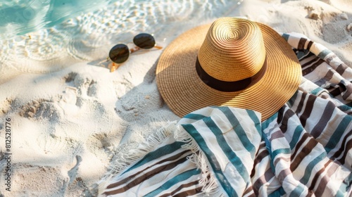 Female sunglasses straw hat and beach towel arranged on beach sand