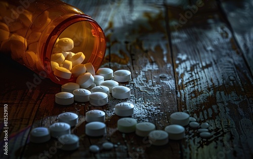 A closeup of an open pill bottle with white pills spilling out, set on a table.