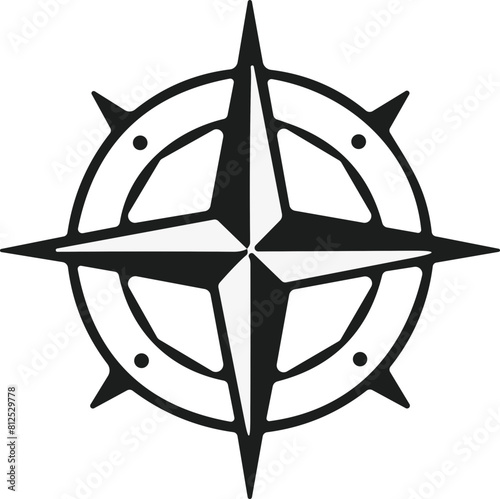 Compass icon. Vintage marine wind rose, nautical chart. Monochrome navigational compass with cardinal directions of North, East, South, West. Geographical position, cartography and navigation