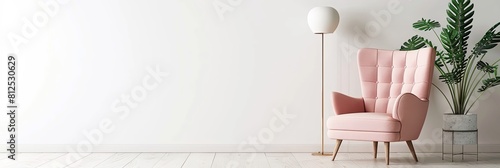 A mockup is a soft cozy pink armchair with a plant and a lamp on the background of an empty wall, a mockup for the interior, a mockup for a painting.