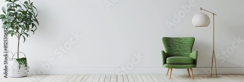 A mockup is a soft cozy green armchair with a plant and a lamp on the background of an empty wall, a mockup for the interior, a mockup for a painting.