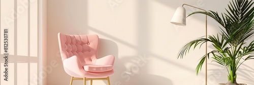 A mockup is a soft cozy pink armchair with a plant and a lamp on the background of an empty wall, a mockup for the interior, a mockup for a painting.