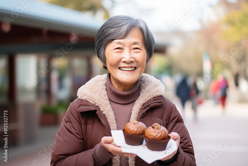 Middle aged Chinese woman at outdoors wearing winter muffs