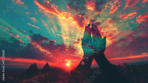 Ethereal double exposure blending a silhouette of praying hands with a radiant sunset, suggesting the divine presence in the beauty and warmth of the evening sky