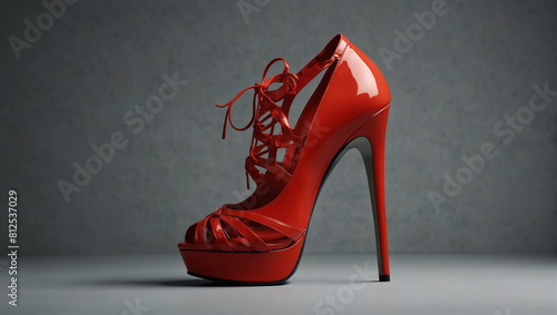 A red high heel with an ankle strap and a platform sole.