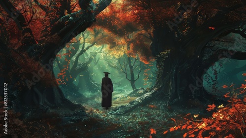 A man wearing a black robe is walking through a forest. The trees are full of leaves and the sunlight is shining through the branches