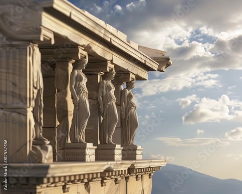 A minimalist representation of the Erechtheion's graceful Caryatid statues, super realistic