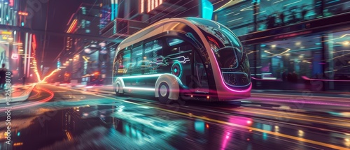 Banner concept of an autonomous electric bus navigating through a digital nomad village, integrating realtime traffic updates via holograms