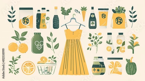 A variety of healthy food and drink options, including fruits, vegetables, juices, and teas, are arranged around a central image of a fashionable yellow dress.