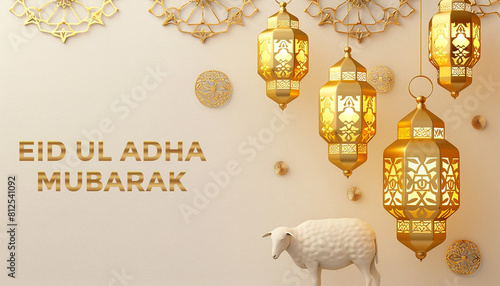 eid ul adha card with sheep and lamp with light colour background for Muslim festival generated by AI