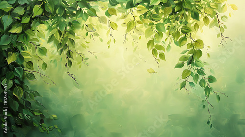 Hand-painted watercolor background of a vibrant green wall adorned with delicate leaves, perfect for adding a fresh and natural touch to designs