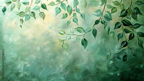 A painted green wall background with watercolor texture and artistic strokes, adorned with vibrant green leaves, creating a natural and serene ambiance
