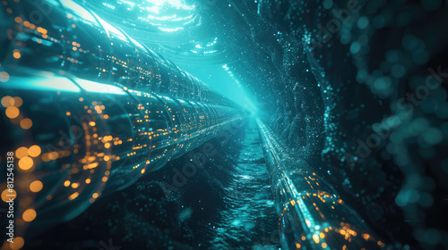 Submerged Cyberpunk Futuristic Underwater Metropolis with Glowing Tunnel