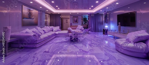 Lavish Futuristic Purple Paradise Opulent Luxury Lounge with Gleaming Steel Surfaces and Plush