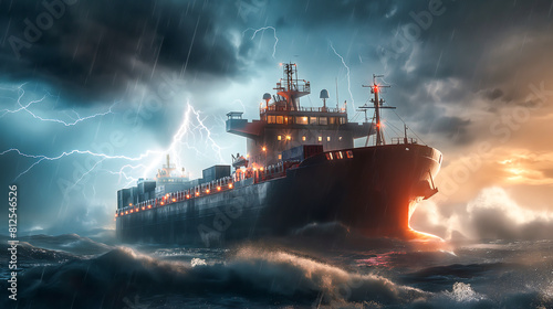 Cargo ship facing a stormy sea with lightning, An imposing cargo ship faces the fury of an ocean storm, with lightning the might of maritime endeavors