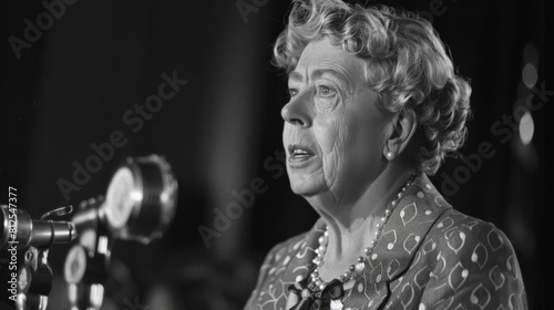 Black and white photo of Eleanor Roosevelt giving a speech