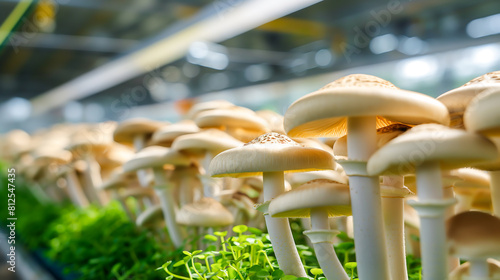 Sustainable solutions for urban agriculture. The impact of vertical farming and hydroponic technology. Organic mushrooms growing on modern mushroom farm with smart technologies. high - tech greenhouse