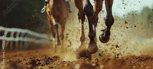 Horse racing. Horses' feet on the racetrack raise dust and dirt. Close. Slow motion. 