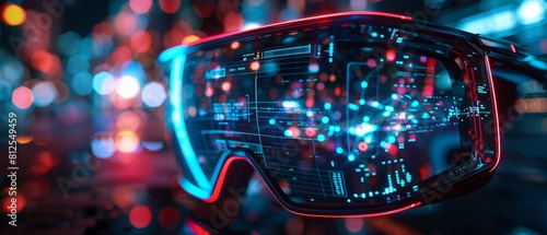 A conceptual image of augmented reality glasses featuring a hightech digital display, symbolizing the advancement of modern gadgetry 8K , high-resolution, ultra HD,up32K HD