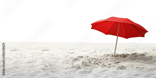 A red parasol is stuck in the sand on the beach, transparent background and horizon