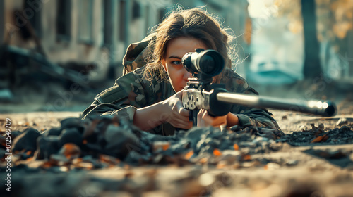 Female soldier lying on the ground, holding rifle at an target in front, Army sniper during the military operation in the city. war, Army