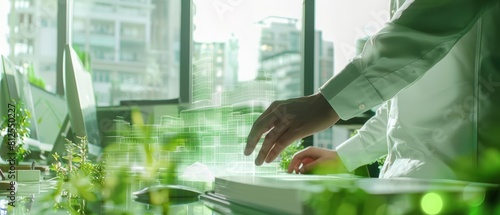 Photo of an architect using hologram models to plan sustainable buildings, with a futuristic green and white office setting