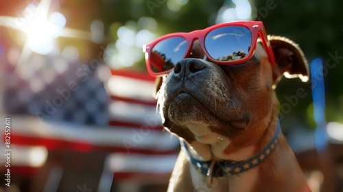 Boxer dog with sunglasses. American flag in the background. Close-up.