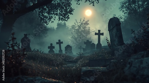 A spooky graveyard with ancient tombstones and restless spirits wandering among the shadows on Halloween eve. 
