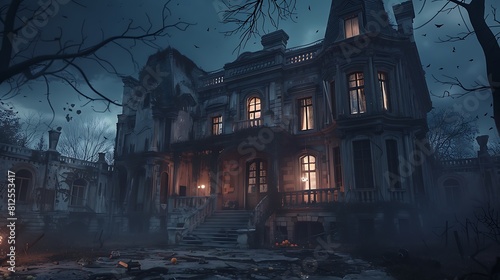 A spooky mansion with tattered curtains and broken windows, haunted by restless spirits on Halloween night. 