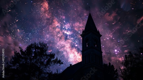 Backlit silhouette of a church bell tower against a starry night sky, inspiring awe and wonder
