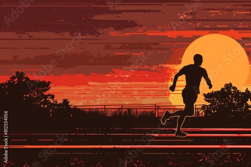 A thrilling graphic wallpaper featuring vibrant colors and dynamic silhouettes of track and field athletes in a stadium setting. The copy space allows for easy into various designs, making it perfect
