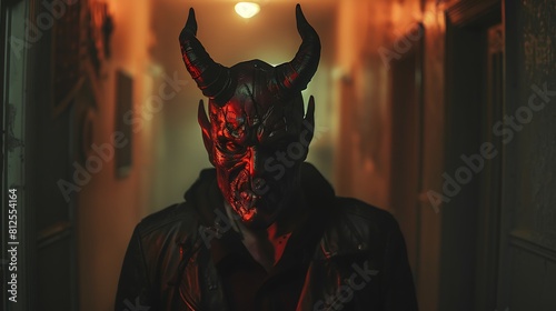 Amidst the revelry of Halloween, a man dons a devil mask, embodying the spirit of darkness and temptation, casting an ominous presence wherever he roams. 