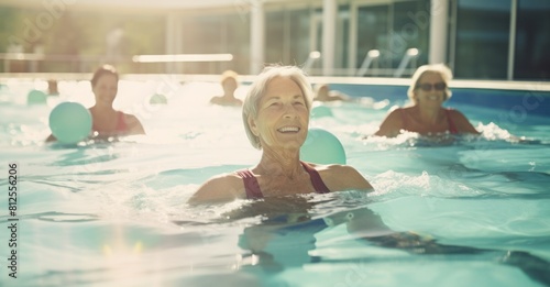 A vibrant image capturing active mature women joyfully participating in an aqua gym class in a pool, showcasing a healthy and energetic retired lifestyle. Seniors engage in aqua fitness exercises