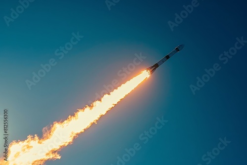 A rocket with smoke billowing out of it blasts off into the clear blue sky, showcasing a fiery and powerful launch
