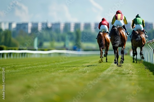 An outdoor horse racing derby in which jockeys race to the finish line. Outdoor sports and competitions. 