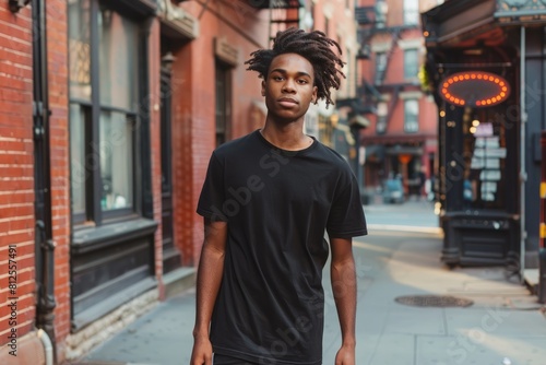 A confident young man with dreadlocks strides down a city street wearing a black t-shirt