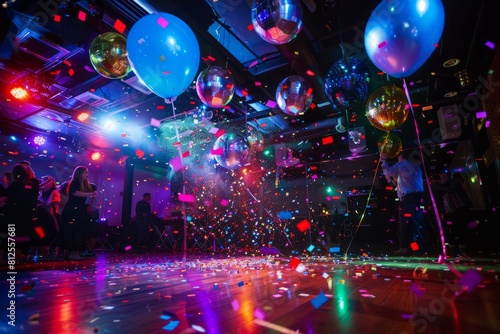 Colorful confetti and balloons are scattered across the floor of a vibrant party venue, adding to the festive atmosphere