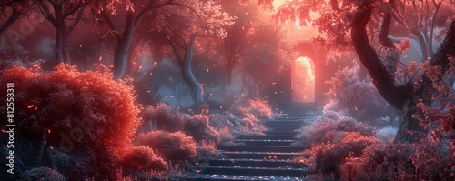 A surreal infrared image of a traditional garden, with vegetation glowing eerily and pathways darkened, resembling a scene from a fantasy novel