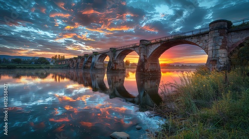 An HDR image of an old bridge over a river at sunset, emphasizing the textures of the bridge against the vibrant sky and reflective water