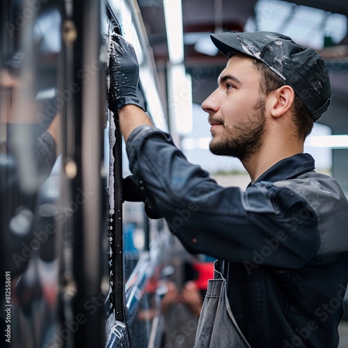 Discover the meticulous attention to detail and dedication of automotive service with this image capturing an employee hard at work in a car wash and service center