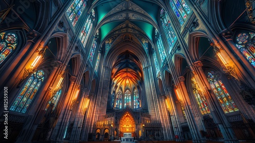An HDR photo capturing the interior of a cathedral, highlighting the intricate details and contrast between the stained glass and stone pillars
