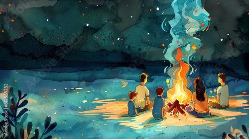 Family Gatherings reunion campfire flat design side view storytelling night theme water color Analogous Color Scheme