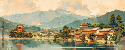 Tranquil Japanese Village on Lakeside with Pagoda and Mountain Backdrop