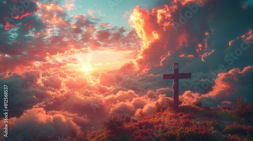 Holy cross symbolizing the death and resurrection of Jesus Christ with The sky over Golgotha Hill is shrouded in light and clouds Generative AI